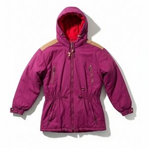 Powderhorn Vintage Ski Coat Womens 12 Large Magenta Hooded 80s Retro Winter